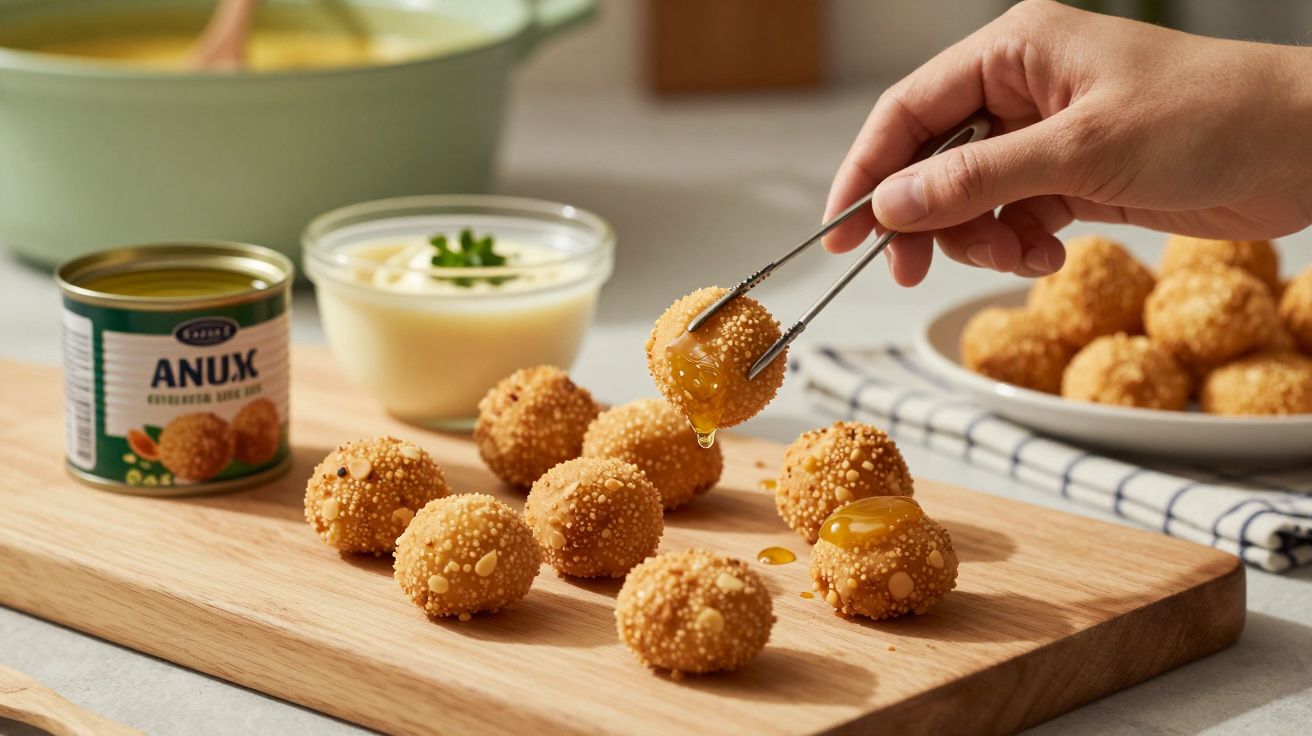 Mão segurando pinça com bolinho dourado sobre tábua, ao lado de lata e molho num pote.