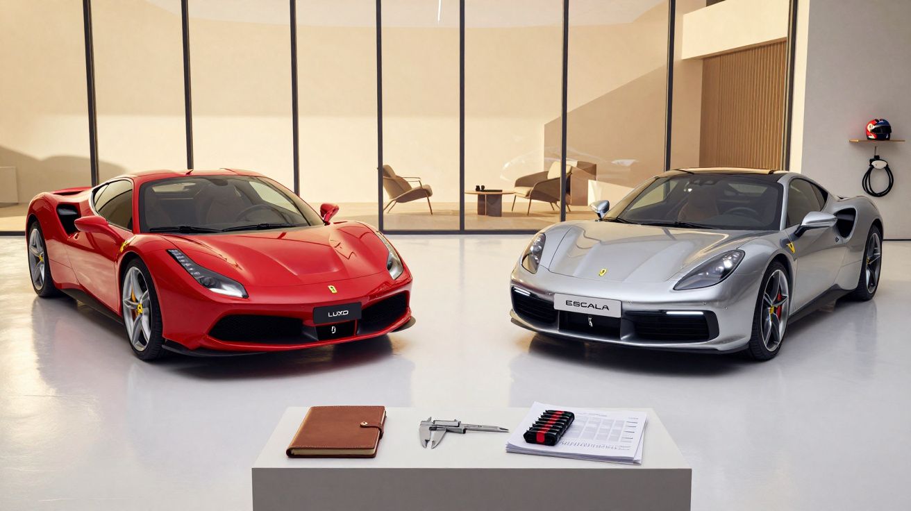 Dois carros desportivos lado a lado, um vermelho e outro prateado, em garagem moderna com mobília ao fundo.