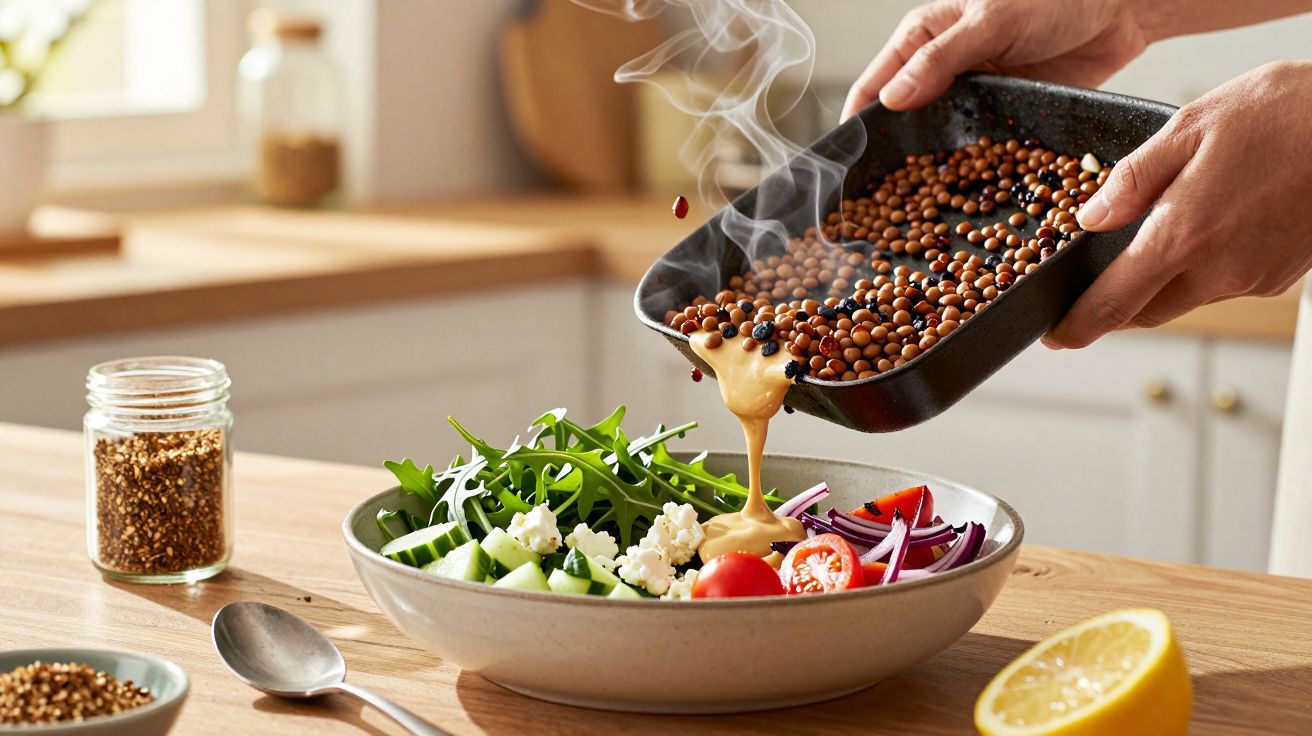 Pessoa a deitar lentilhas fumegantes sobre salada de rúcula, pepino, tomate e queijo feta numa tigela em cima da mesa.