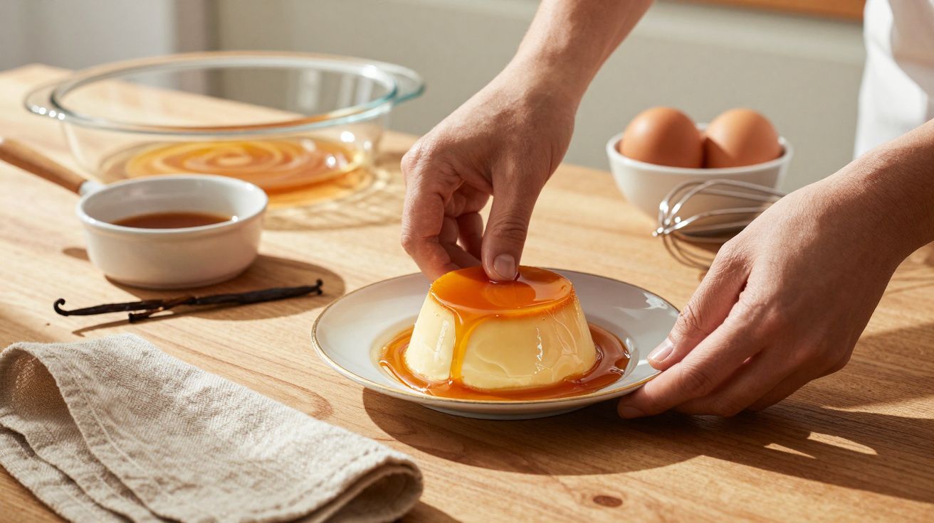 Mãos segurando flan de caramelo num prato, em cima de uma mesa com ingredientes e uma toalha ao lado.