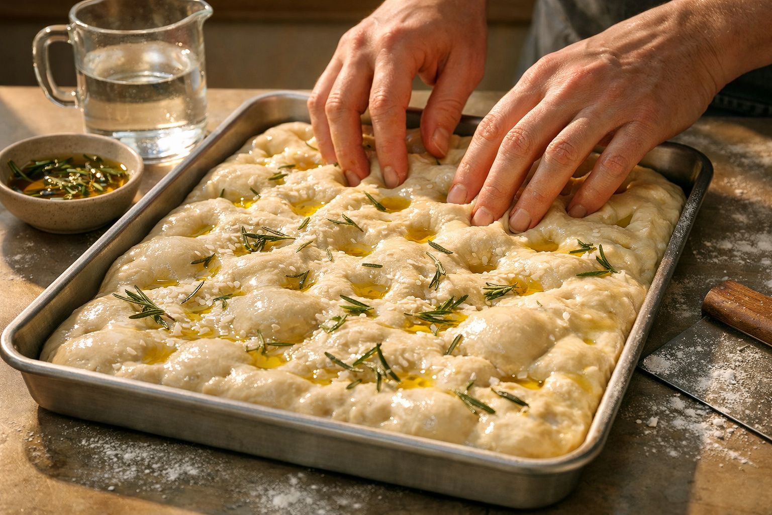 Mãos a preparar focaccia numa assadeira com ramos de alecrim e azeite, sobre uma superfície enfarinhada.