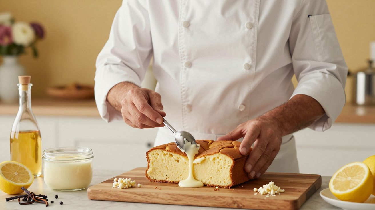 Chef a verter molho sobre bolo de limão numa cozinha, rodeado de ingredientes.