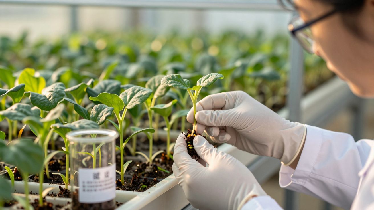 Técnico de laboratório examina planta jovem em estufa, usando luvas e bata, com bandejas de mudas ao fundo.