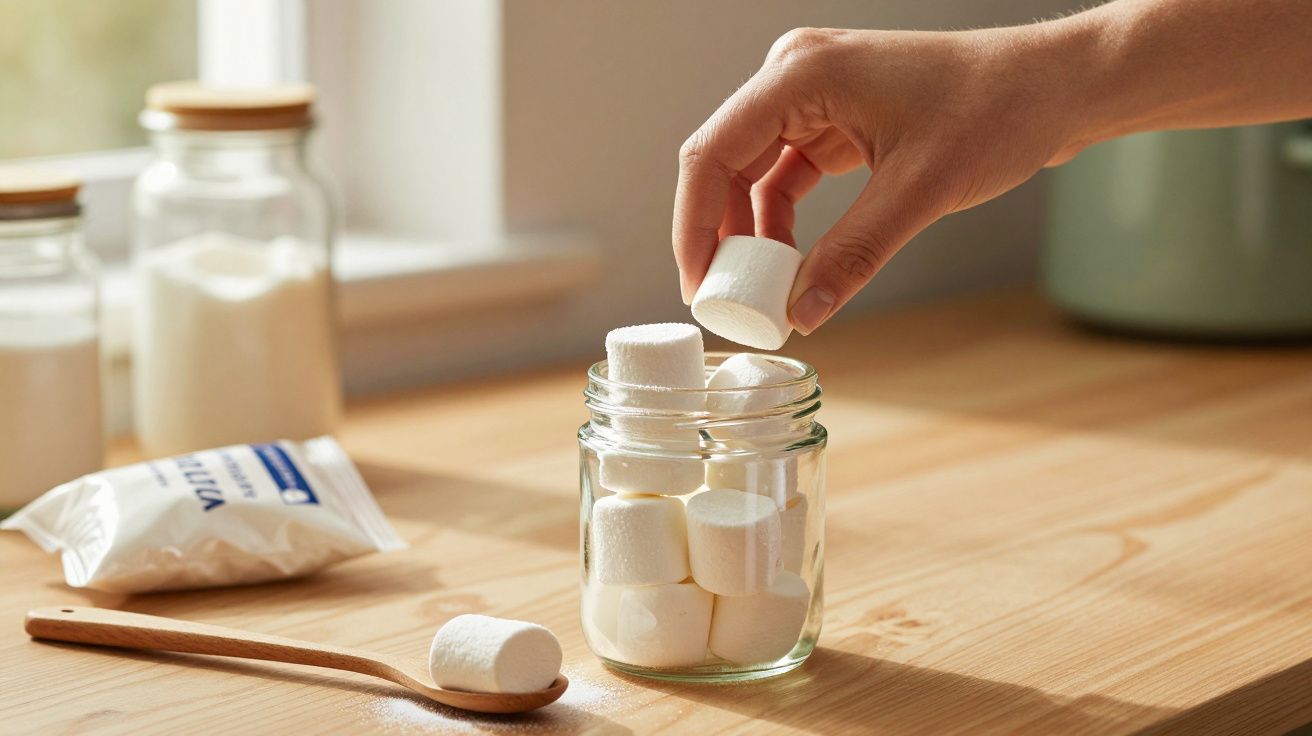 Mão a colocar marshmallow num frasco de vidro em cima de uma mesa, com utensílios no fundo.