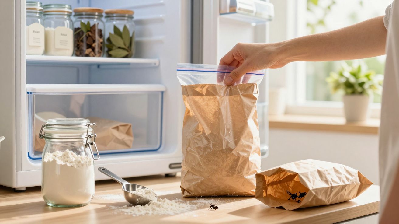 Mão a pegar saco de papel na cozinha com farinha, frasco de vidro e tampa de frigorífico visíveis ao fundo.