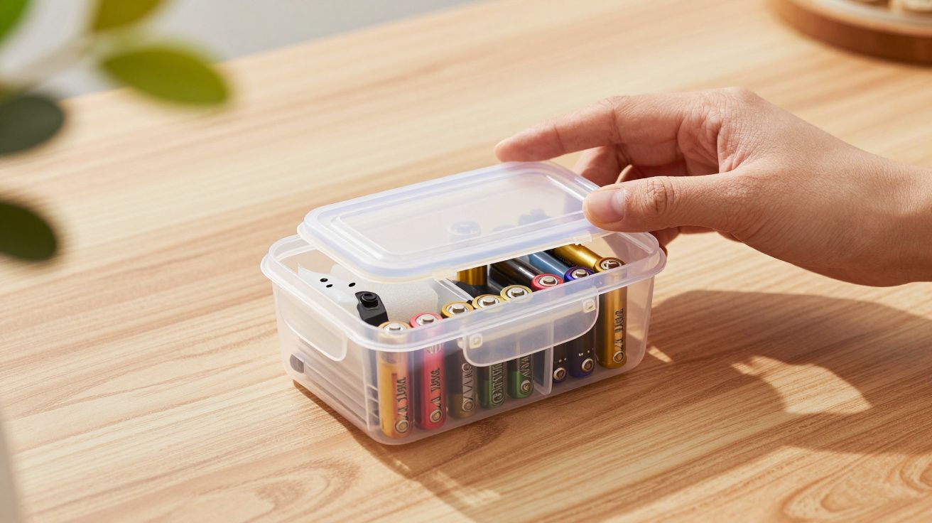 Caixa de plástico transparente com pilhas organizadas dentro, numa mesa de madeira, e uma mão levantando a tampa.