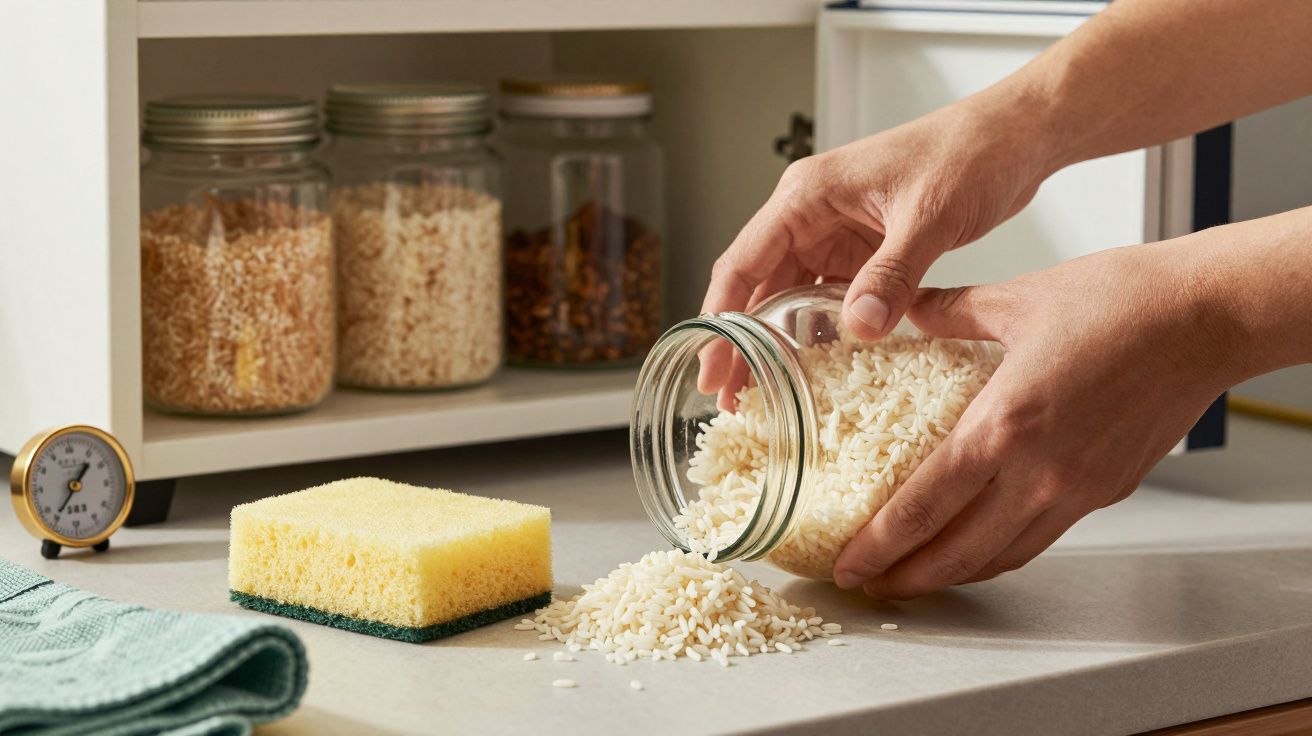 Mãos a derramar arroz de um frasco sobre a bancada, junto a uma esponja de cozinha e frascos de grãos ao fundo.