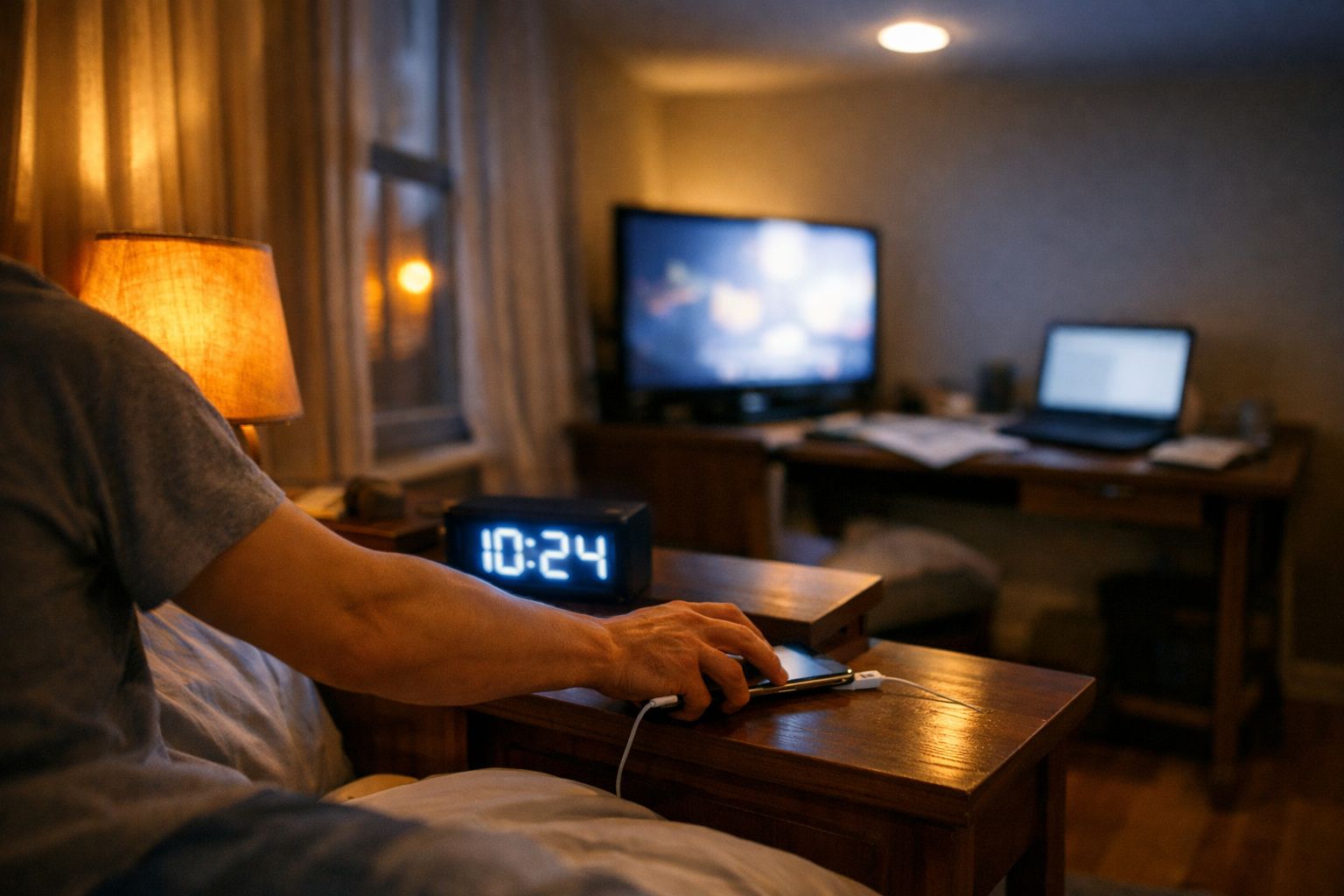 Mãos a limpar uma mesa de cabeceira de madeira ao lado de uma cama, com um candeeiro aceso e cortinas ao fundo.