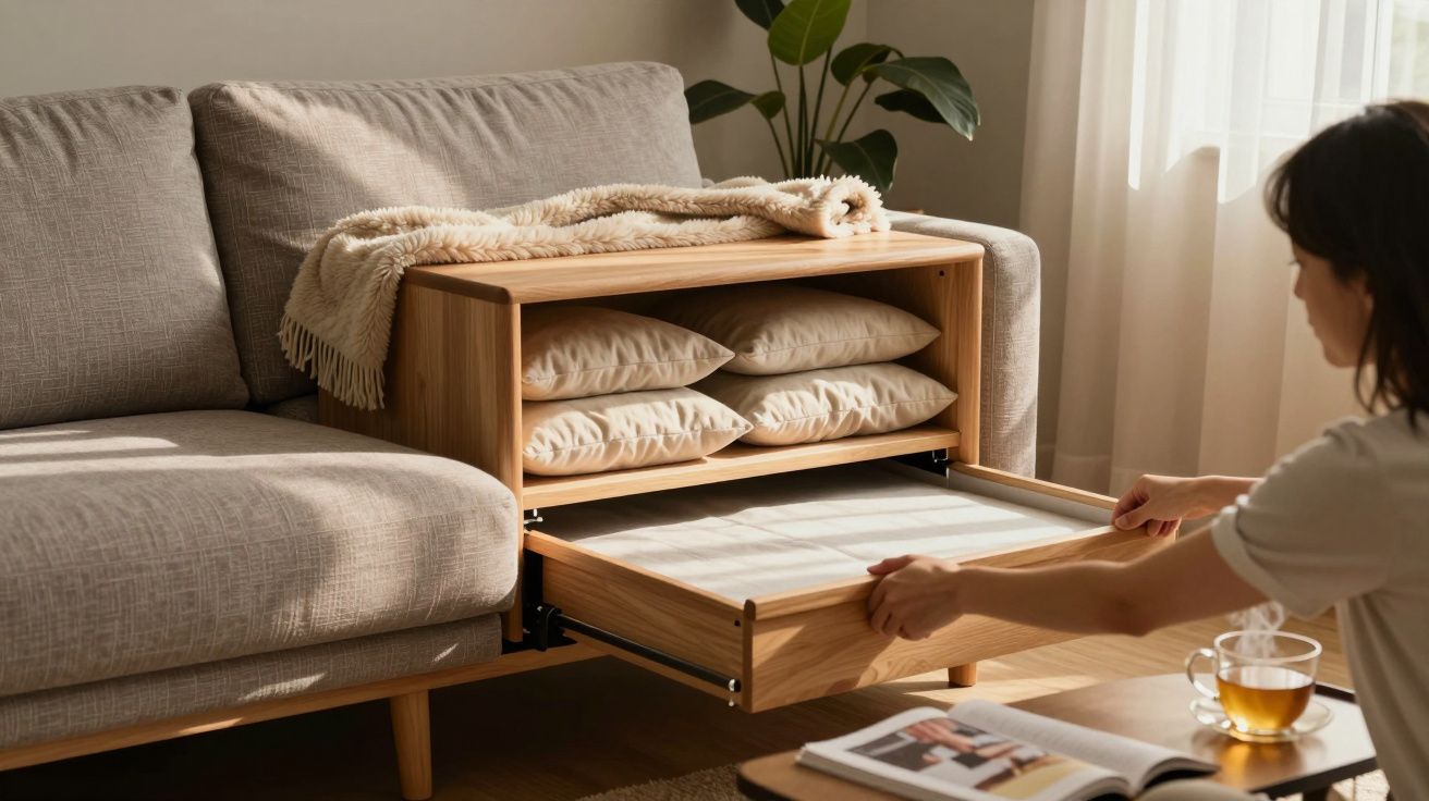 Sala de estar com sofá cinza, mesa de madeira, pessoa a abrir gaveta com almofadas. Luz natural pela janela.