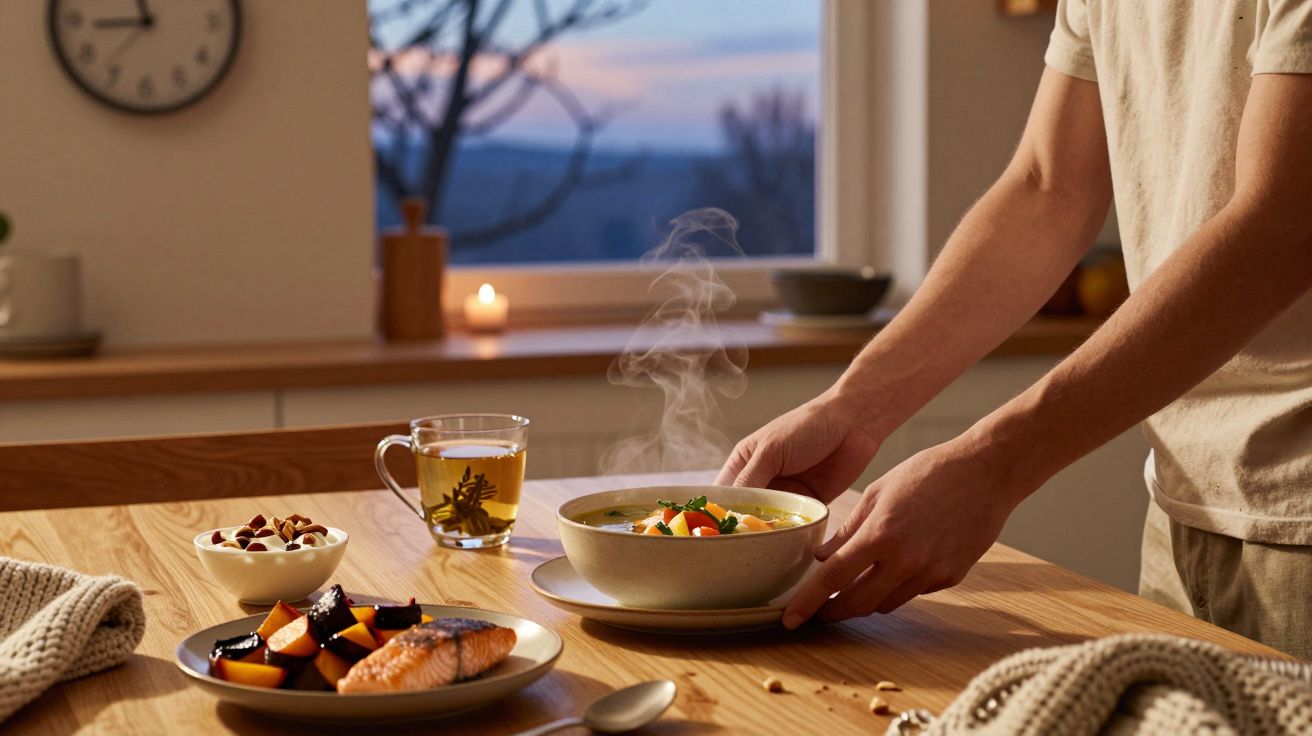 Mãos colocando uma tigela de sopa quente na mesa, com chá, salmão grelhado e nozes ao lado. Vela acesa ao fundo.