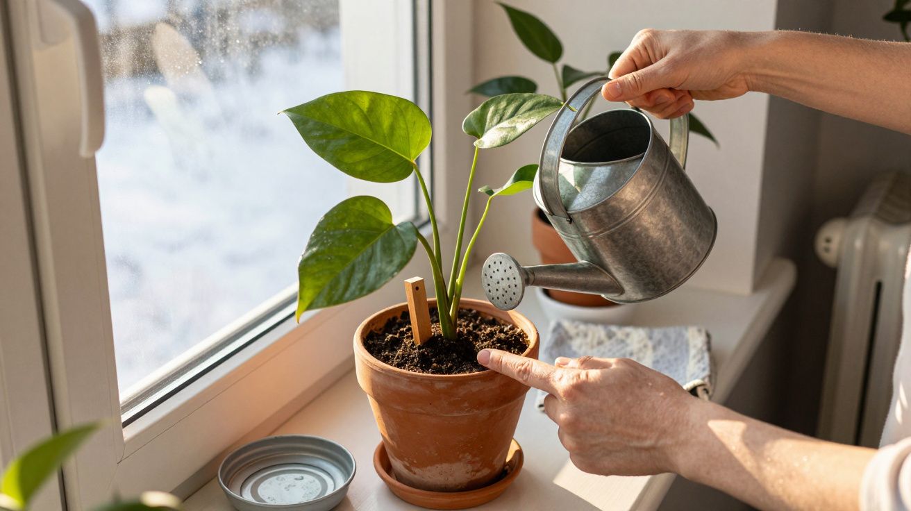 Pessoa rega planta em vaso num parapeito, usando regador de metal.