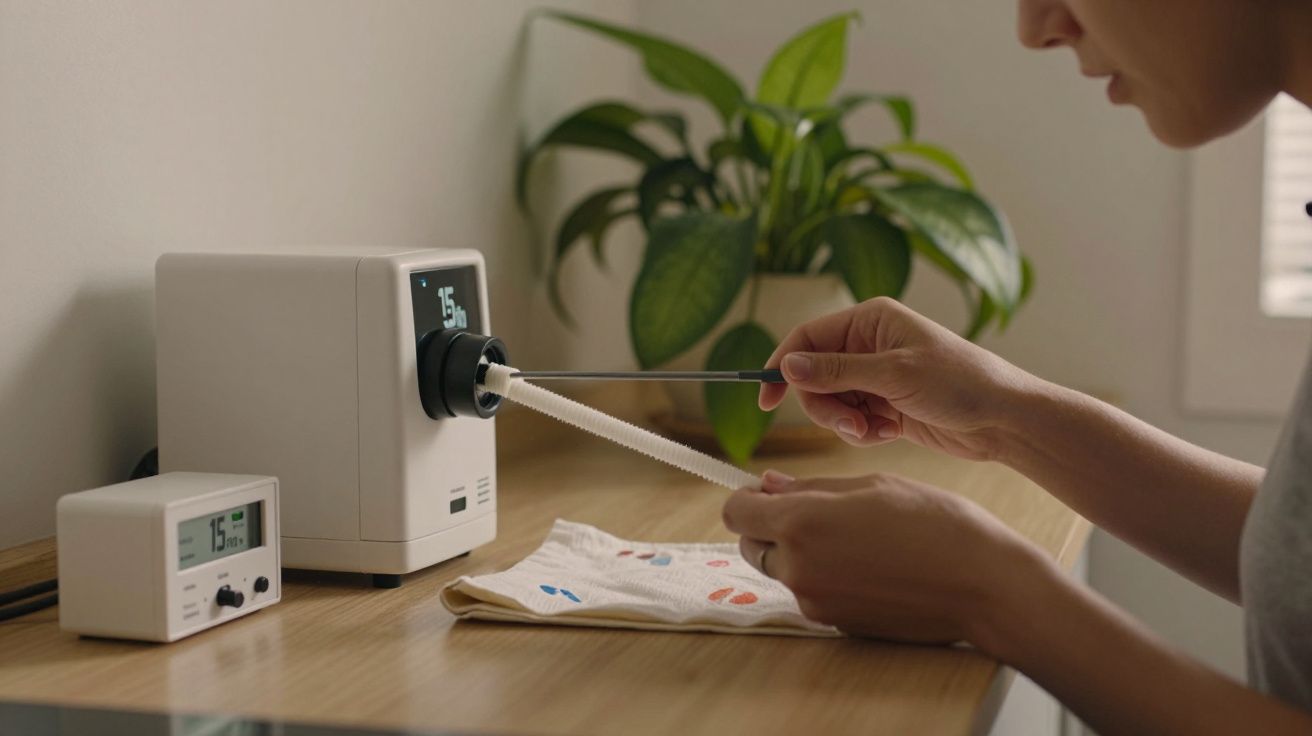 Pessoa utilizando uma máquina de tricotar em frente a uma planta, com pequenos dispositivos eletrônicos ao lado.