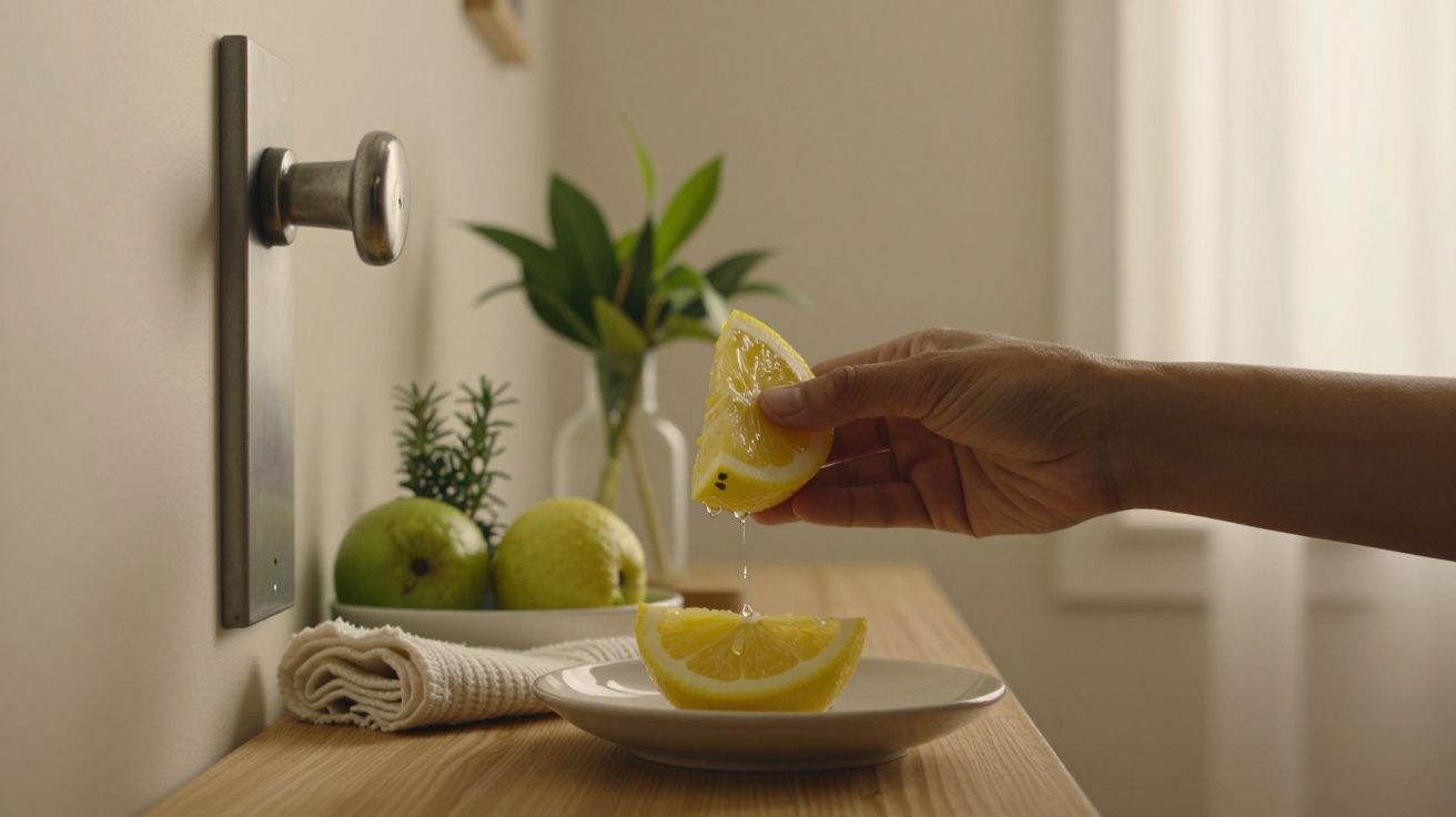 Mão espreme limão sobre prato, com maçãs e plantas decorativas ao fundo em bancada de madeira.