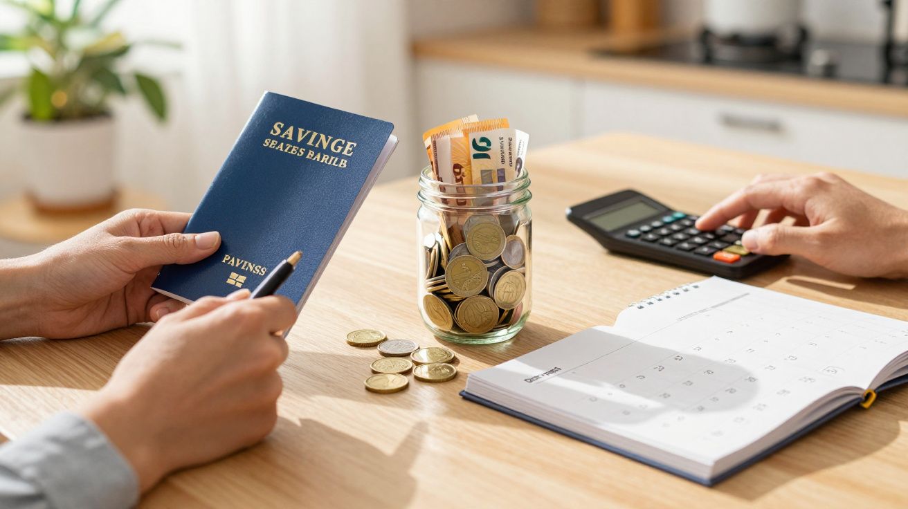 Pessoa segura um livro de poupança junto a jarro com moedas, caderno e calculadora numa mesa.