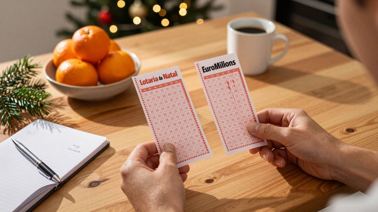 Pessoa segura boletins de Lotaria de Natal e EuroMillions numa mesa com café e laranjas.