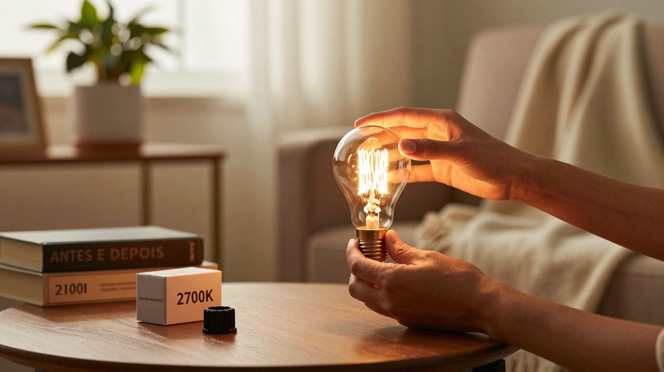 Pessoa segurando uma lâmpada acesa sobre uma mesa de madeira com livros e uma caixa ao fundo.