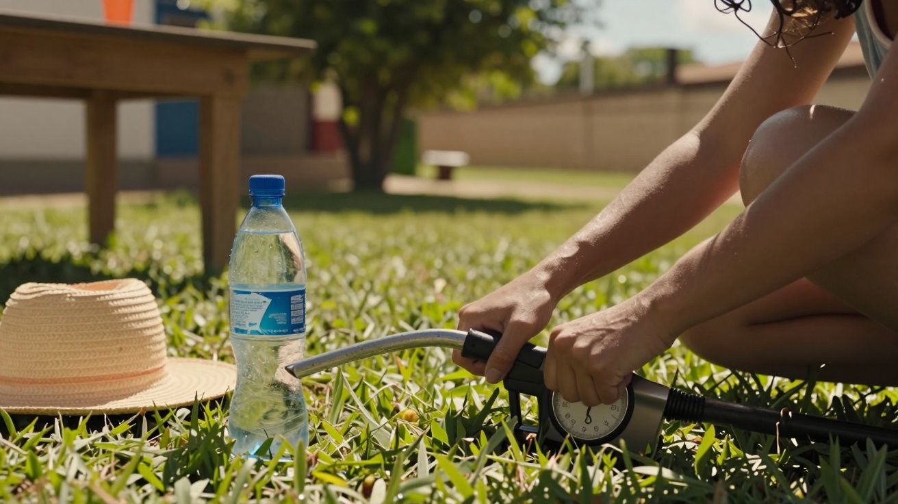 Pessoa usando bomba de ar manual no jardim com garrafa de água e chapéu ao lado.