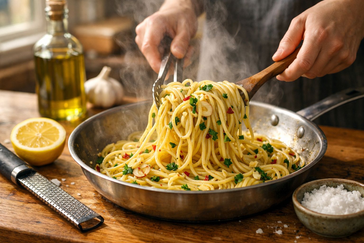 Mão a misturar esparguete com alho e malagueta numa frigideira. Ingredientes incluem azeite, pimenta e salsa à volta.