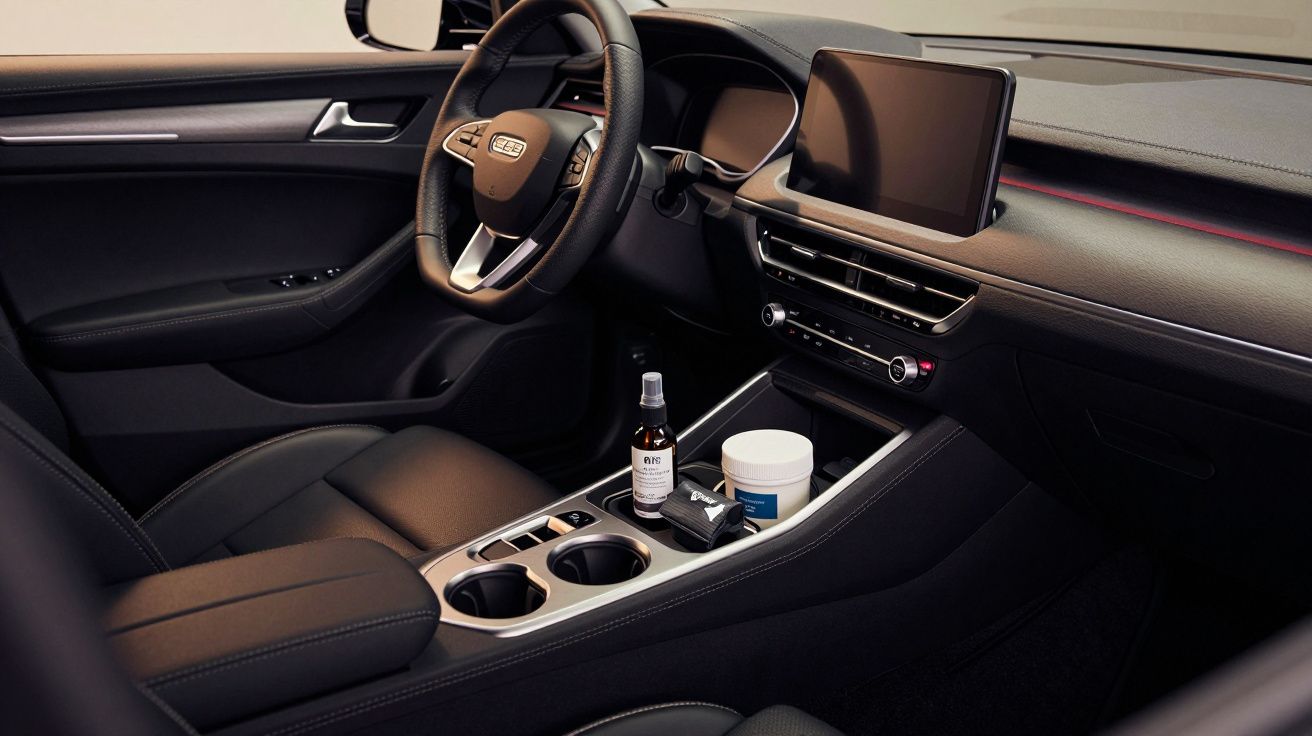 Interior de carro moderno com volante preto, ecrã digital, e produtos no console central.