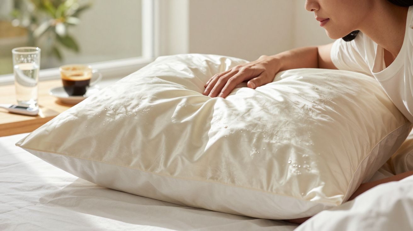 Mulher tocando numa almofada branca num quarto bem iluminado, com uma bebida e óculos ao fundo.