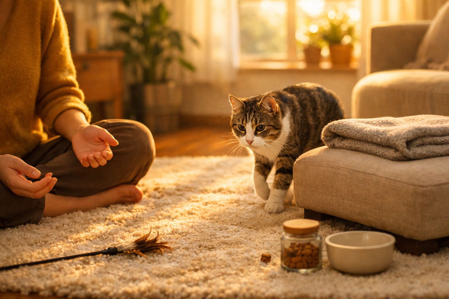Pessoa sentada no tapete brinca com gato listrado usando brinquedo de penas; prato com ração ao lado.