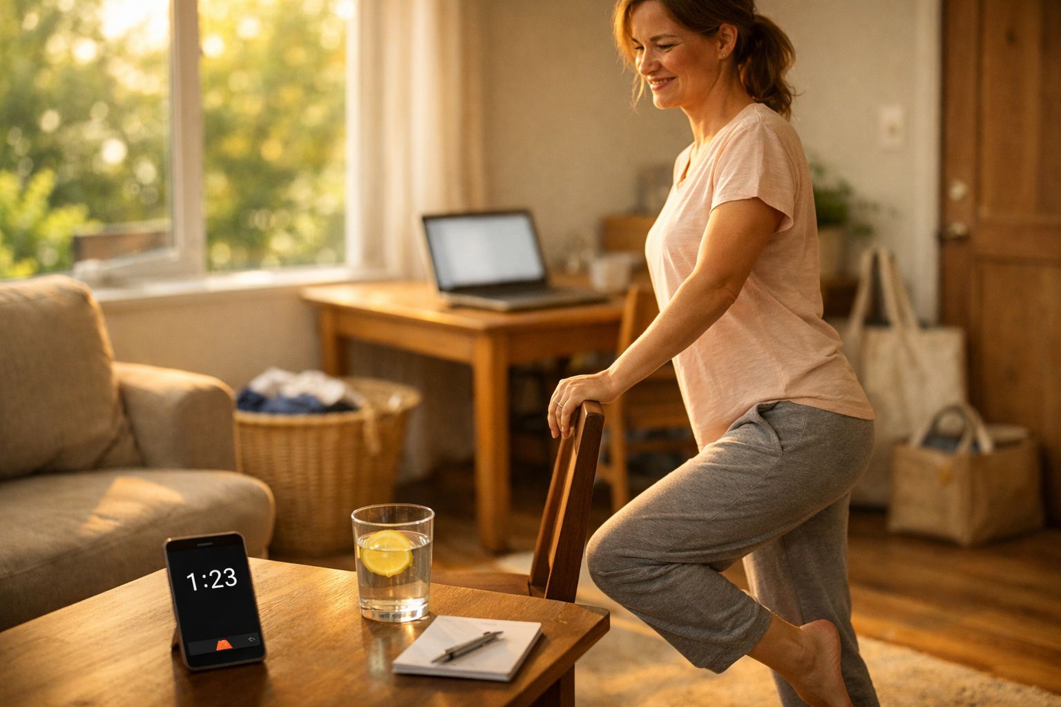 Mulher a fazer exercício em casa ao lado de uma mesa com água e um telemóvel mostrando 1:23. Ambiente iluminado.
