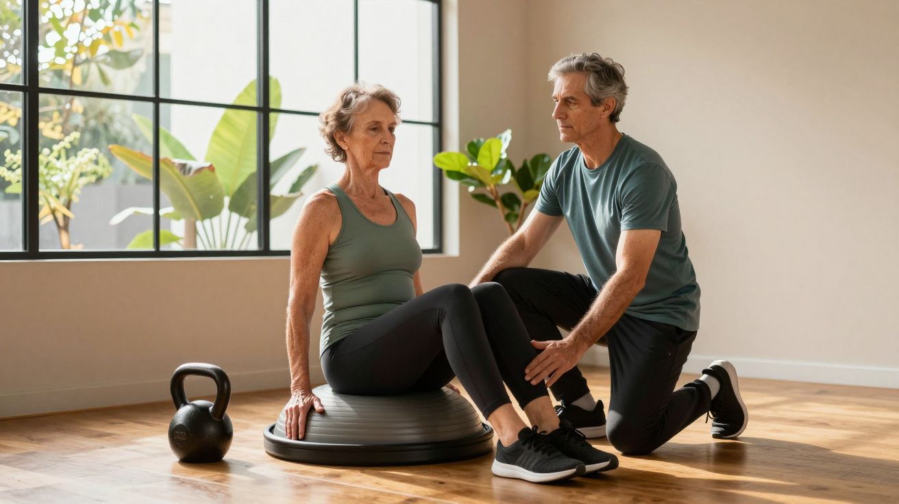 Pessoa idosa a fazer exercício em casa com orientação de um treinador, junto a uma janela com plantas.