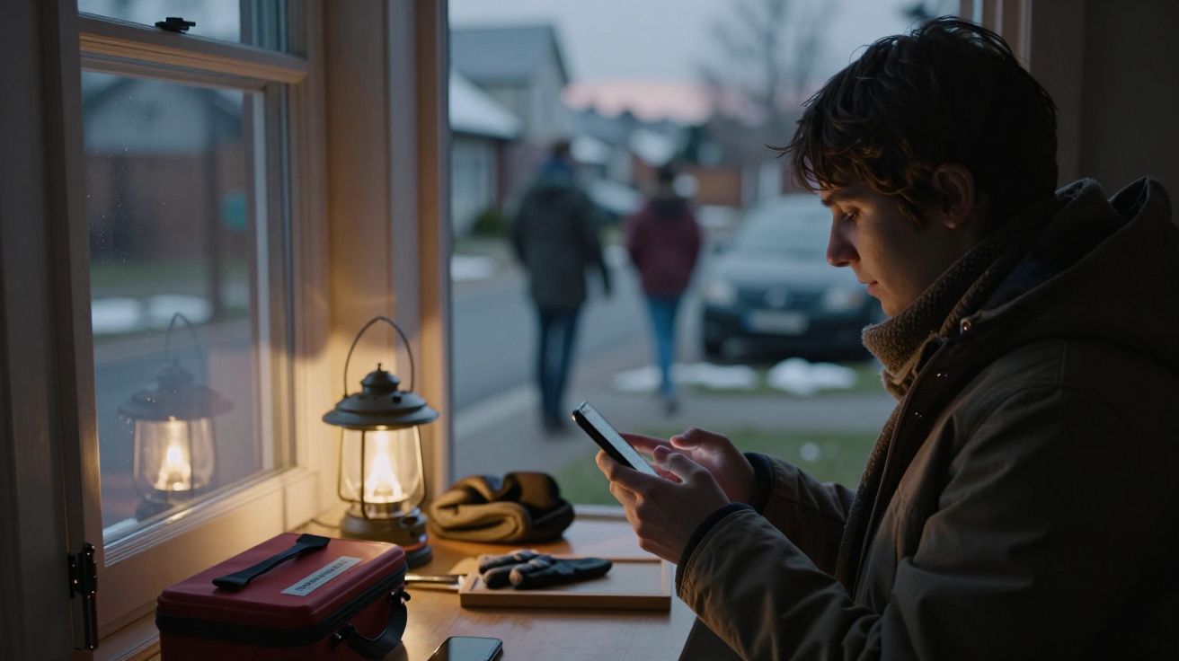 Pessoa mexe no telemóvel junto à janela, com lanterna acesa e objetos sobre mesa. Lá fora, duas pessoas caminham.
