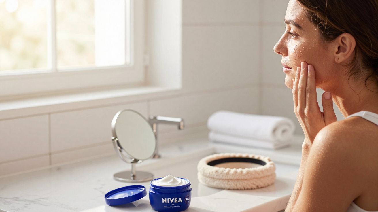 Mulher aplicando creme Nivea no rosto em casa de banho, ao lado de espelho pequeno e toalha branca.