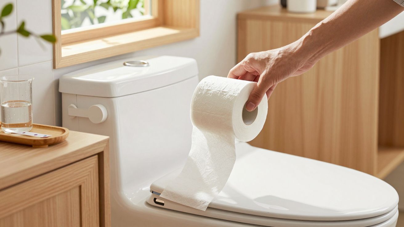 Mão a colocar rolo de papel higiénico sobre sanita em casa de banho iluminada por janela.