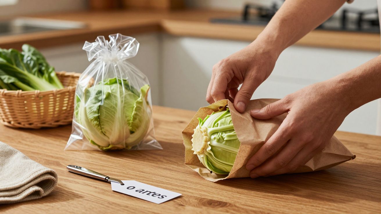 Mãos envolvem repolho em papel de kraft sobre bancada; outro repolho está num saco plástico ao lado, com etiqueta "o antes".