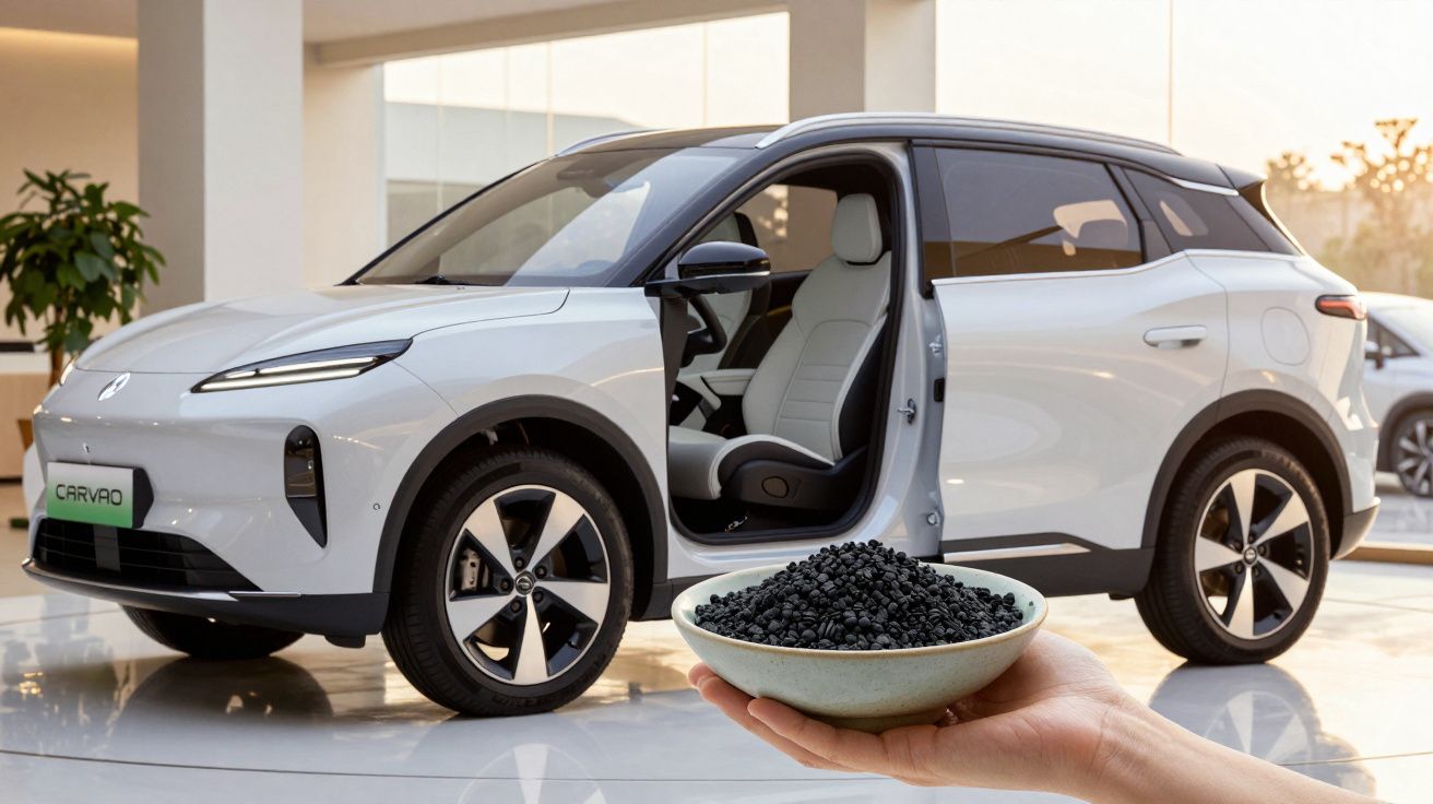 SUV elétrico branco em showroom, com porta do condutor aberta, e mão segurando um prato de carvão na frente.