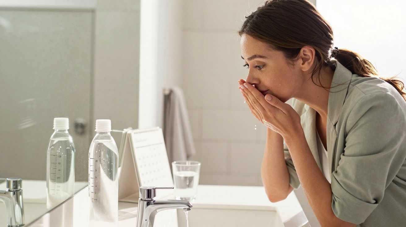 Mulher lava o rosto numa casa de banho, com garrafas de água e copo ao lado da torneira.
