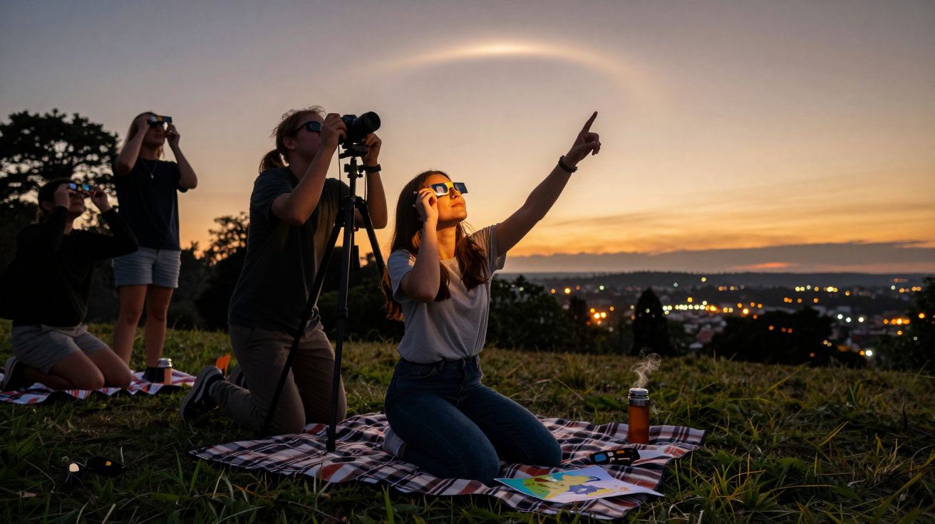 Pessoas a observar o céu ao pôr do sol, com binóculos e telescópio, sentadas em cobertores num campo.