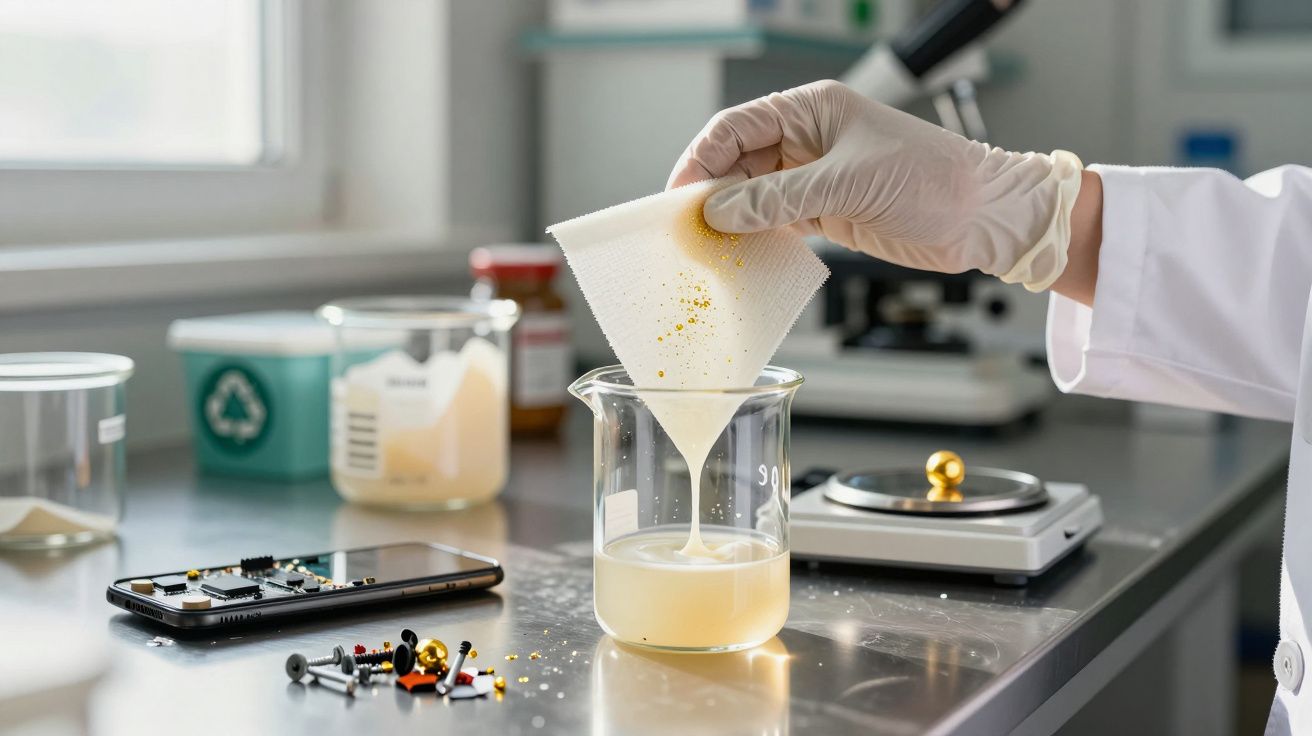 Cientista filtra líquido em laboratório com smartphone, balança e equipamento de precisão na bancada.