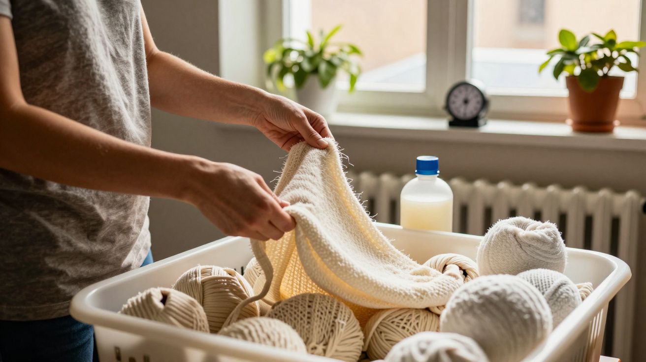 Pessoa segura tecido de lã sobre cesto cheio de novelos de lã branca, com frasco de detergente ao lado.