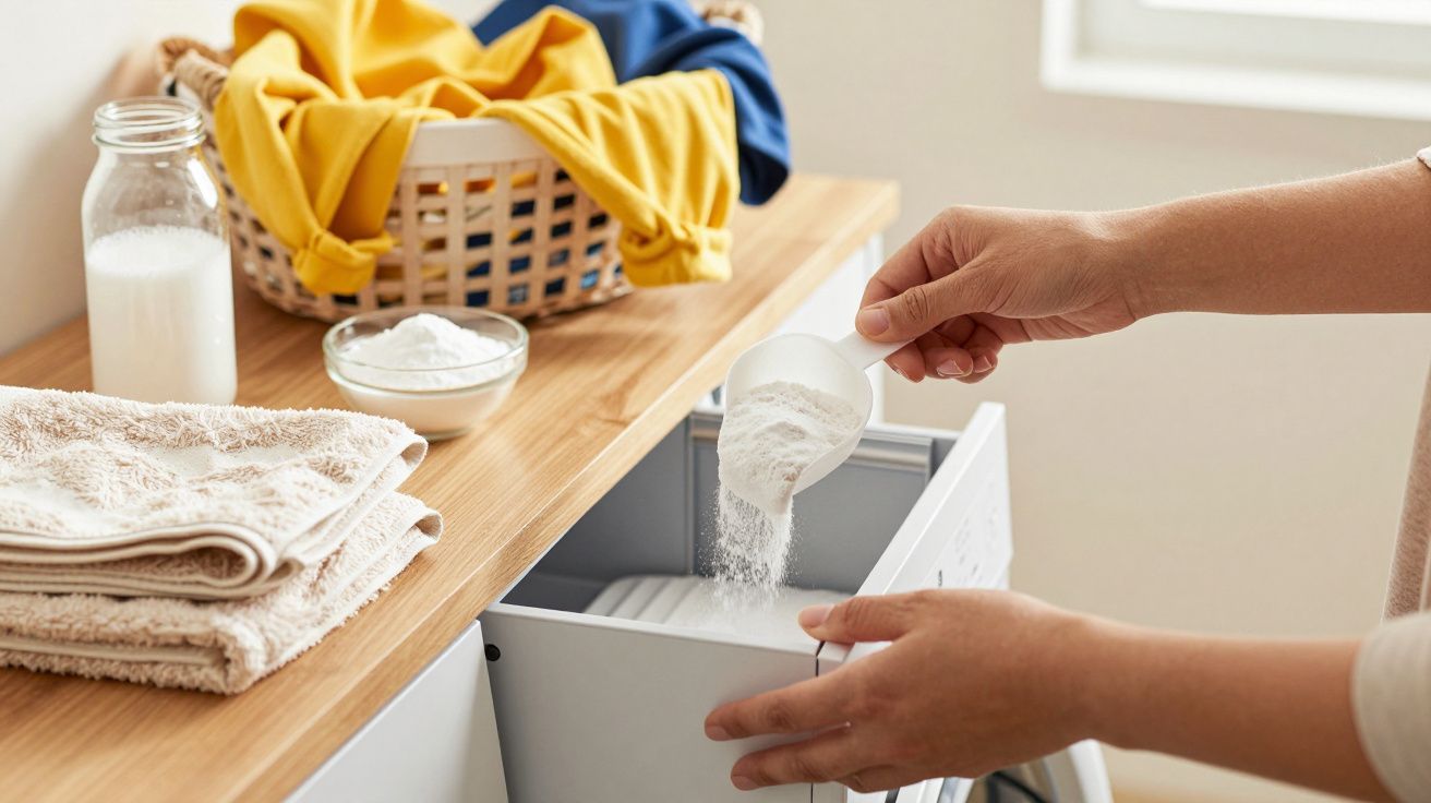 Pessoa colocando detergente em pó na máquina de lavar, com toalhas dobradas e cesto de roupa no fundo.