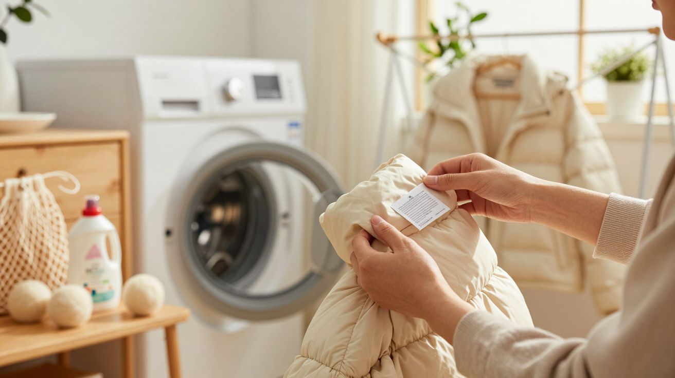 Pessoa verifica etiqueta de casaco bege antes de lavar, com máquina de lavar e produtos de limpeza ao fundo.