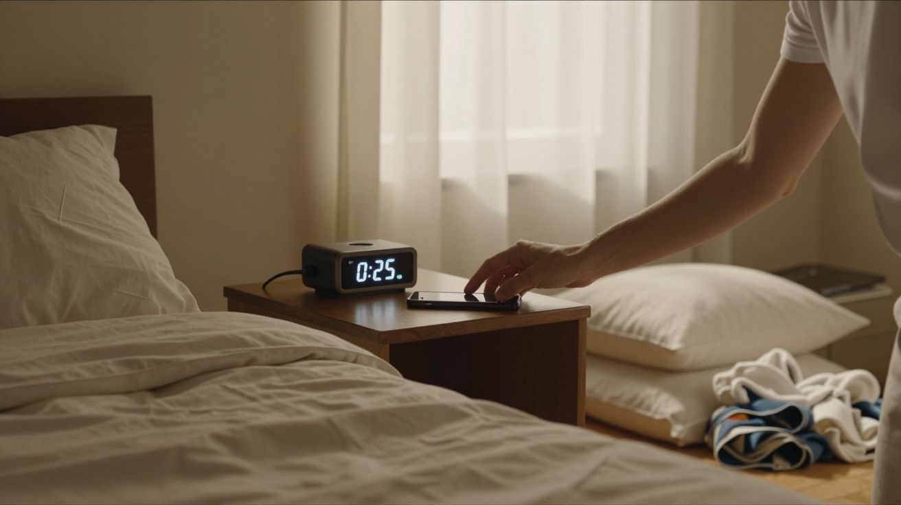Pessoa a desligar alarme num smartphone, junto a cama com despertador digital a marcar 00:25.