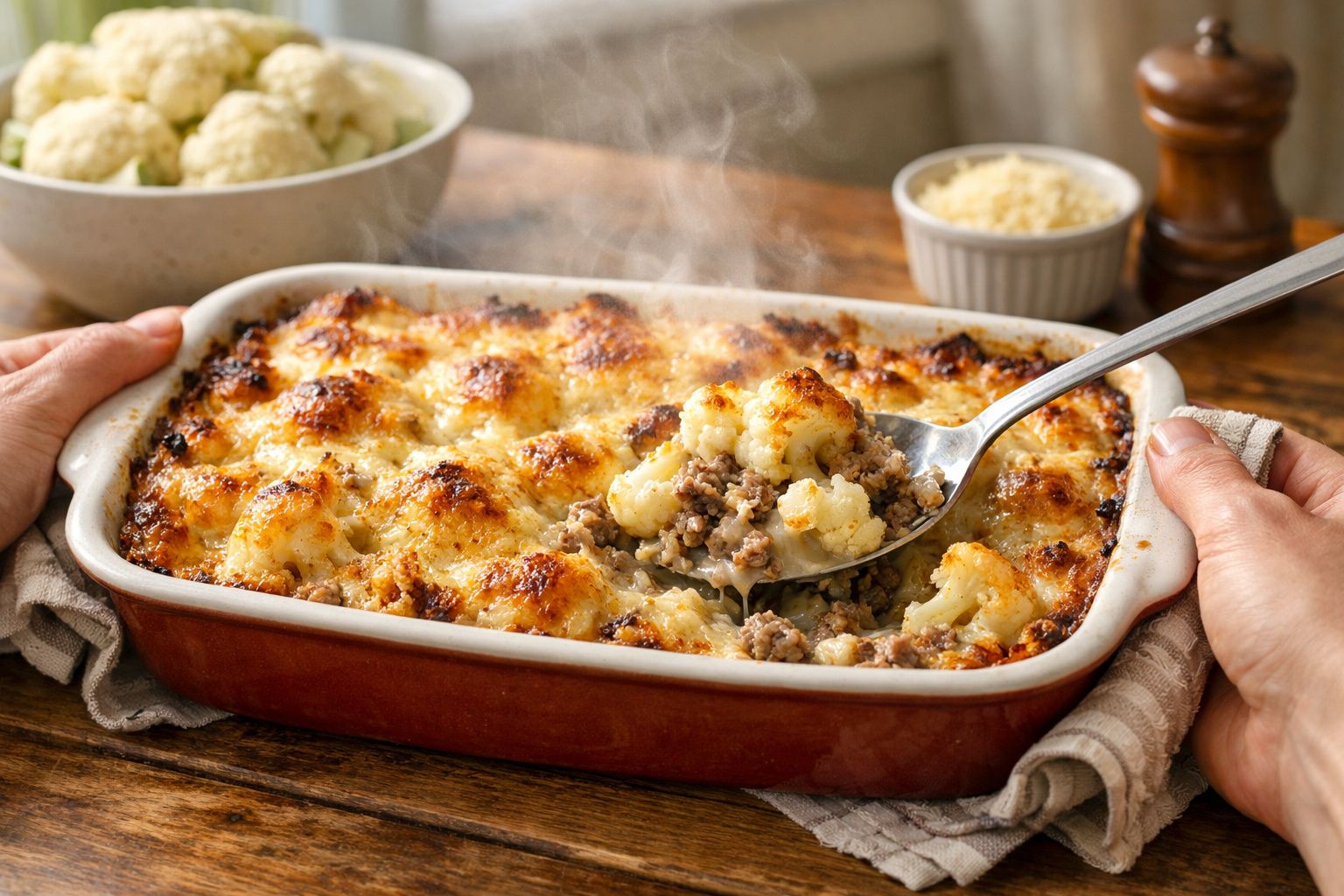 Pessoa servindo gratinado de brócolos e queijo num prato de cerâmica em mesa de madeira, acompanhado de salada e nozes.