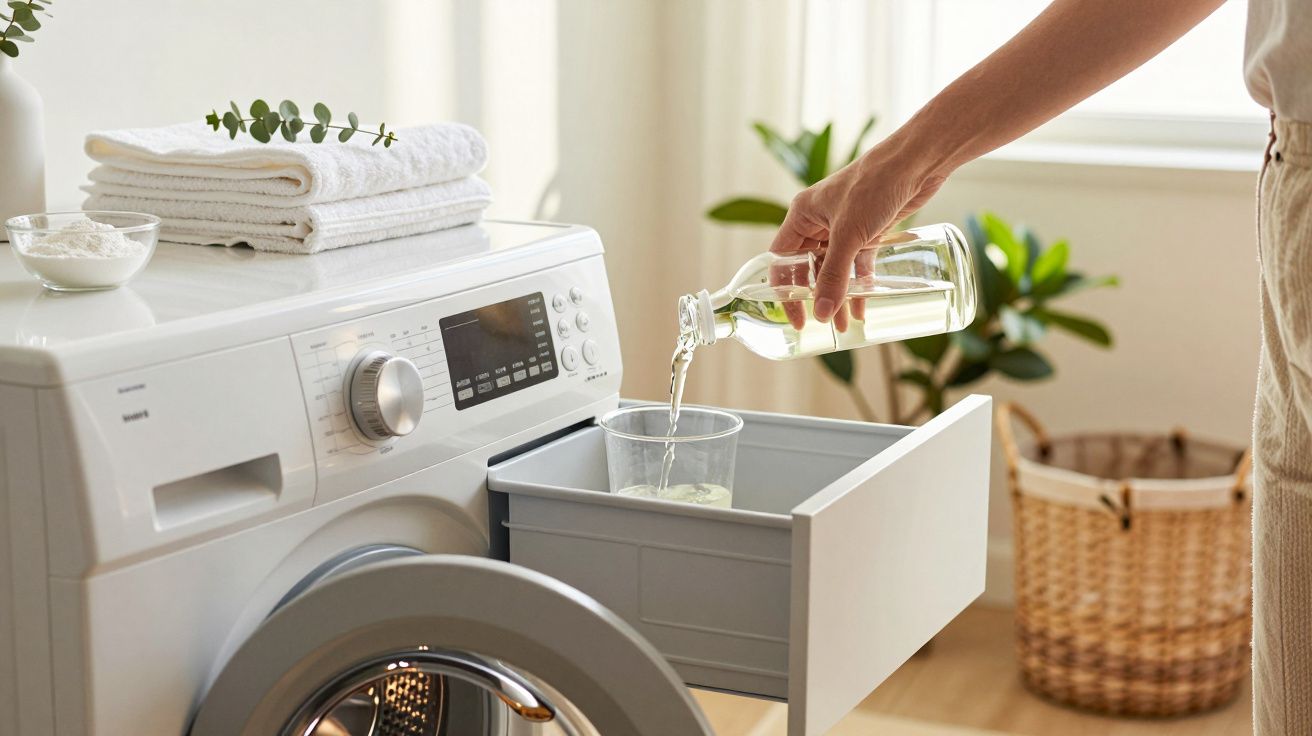 Pessoa a adicionar detergente numa máquina de lavar roupa com toalhas dobradas em cima e plantas ao fundo.