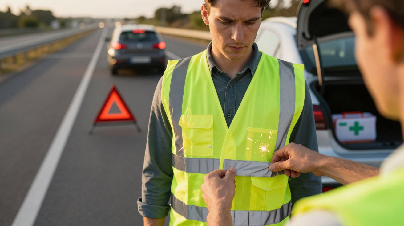 Homem com colete refletor parado na berma da estrada ao lado de um carro avariado e triângulo de sinalização.