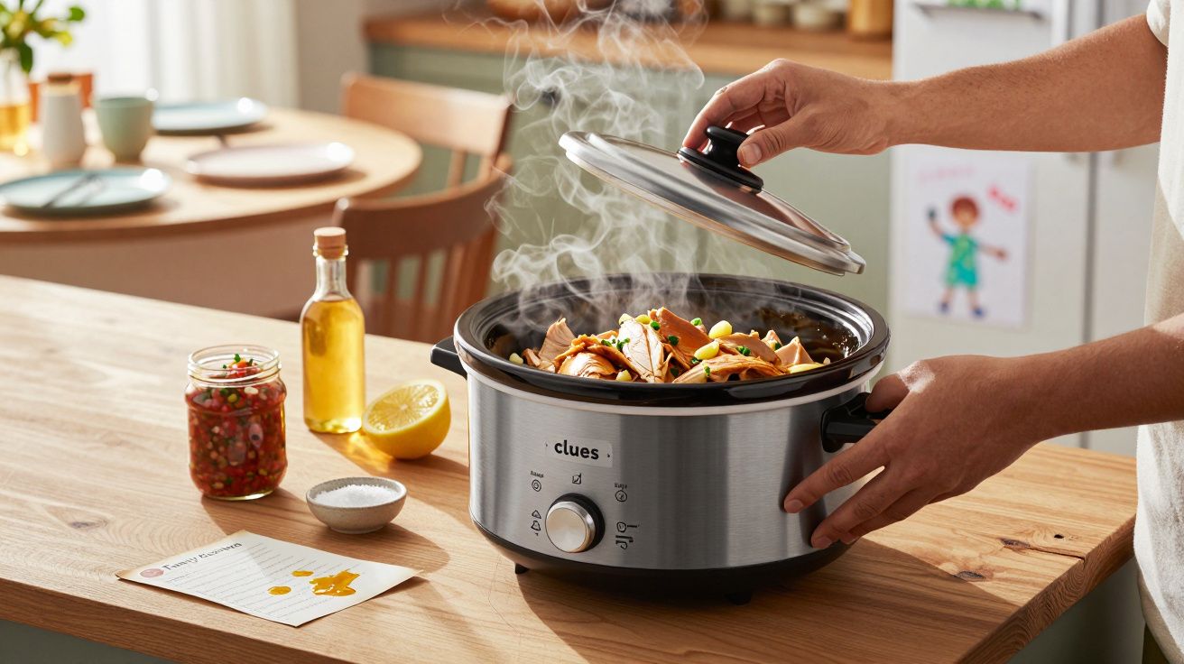 Pessoa abre uma panela elétrica a vapor numa cozinha, com ingredientes e temperos ao redor.