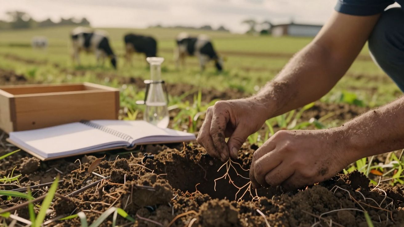 Pessoa analisa raízes numa horta, com vacas ao fundo. Há um caderno aberto e um frasco de vidro ao lado.