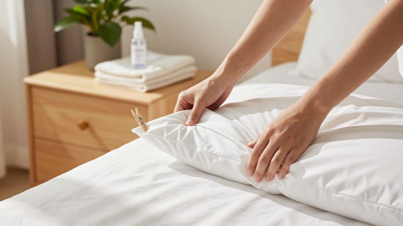 Mãos ajeitam almofada branca em cama; ao fundo, mesa de cabeceira com toalhas e planta.