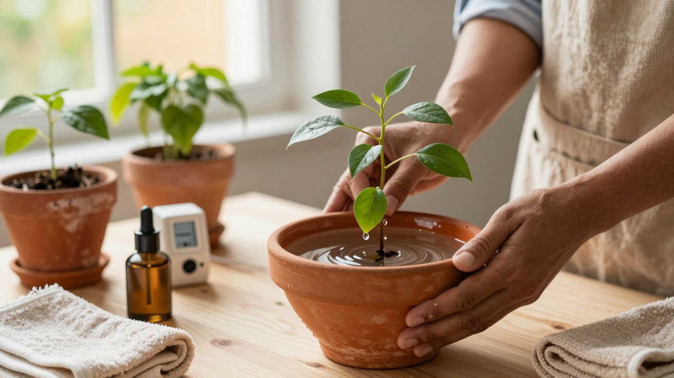 Mãos cuidando de uma planta jovem em vaso de barro, com frascos e plantas ao fundo sobre uma mesa de madeira.