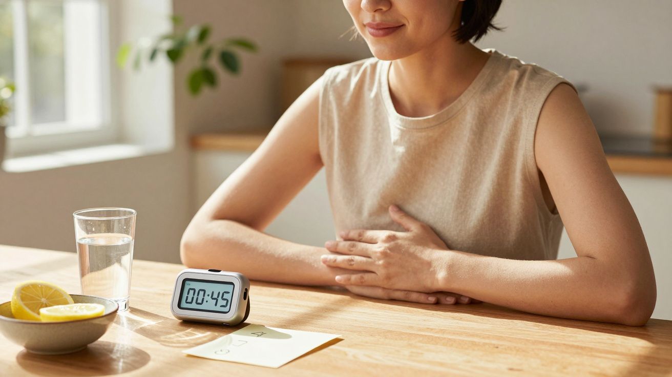 Mulher sentada à mesa com copo de água, cronómetro e notas, mãos cruzadas sobre o estômago, luz natural ao fundo.