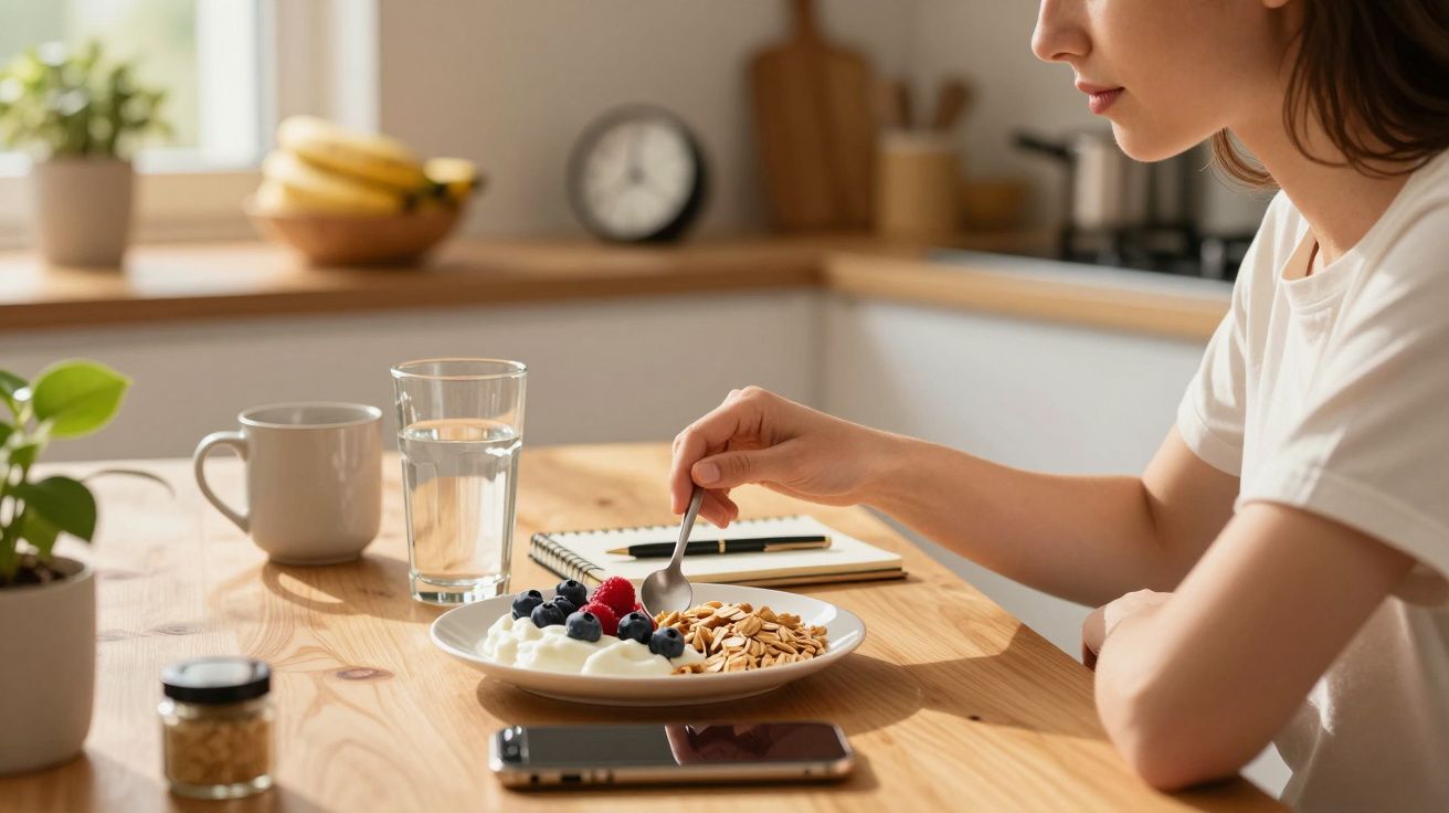 Mulher a comer iogurte com frutos vermelhos e granola numa mesa de cozinha iluminada pelo sol.