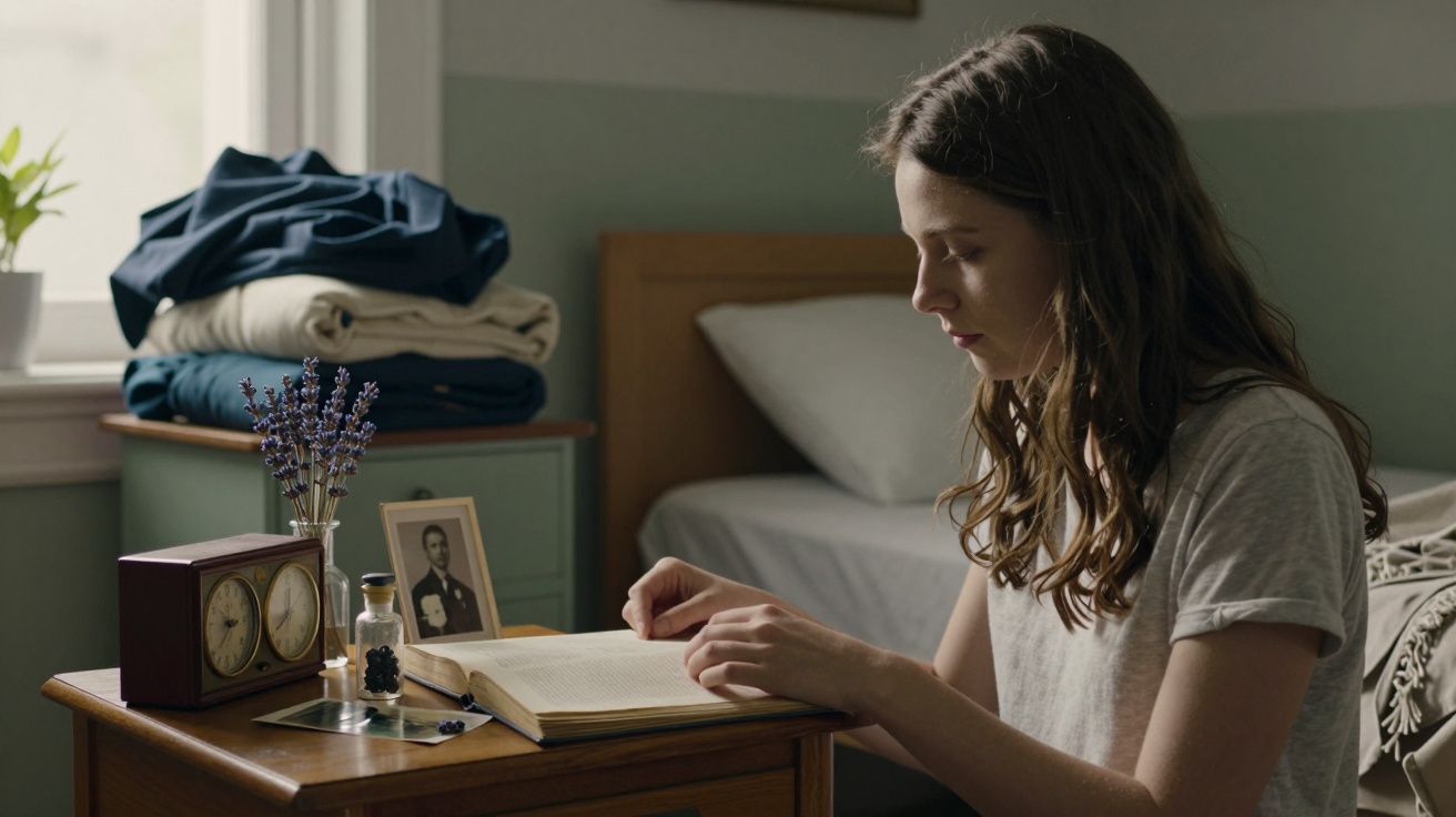 Mulher sentada à mesa, lendo um livro. Mesa com relógio, foto, frasco e flores. Roupa dobrada na mesinha ao fundo.