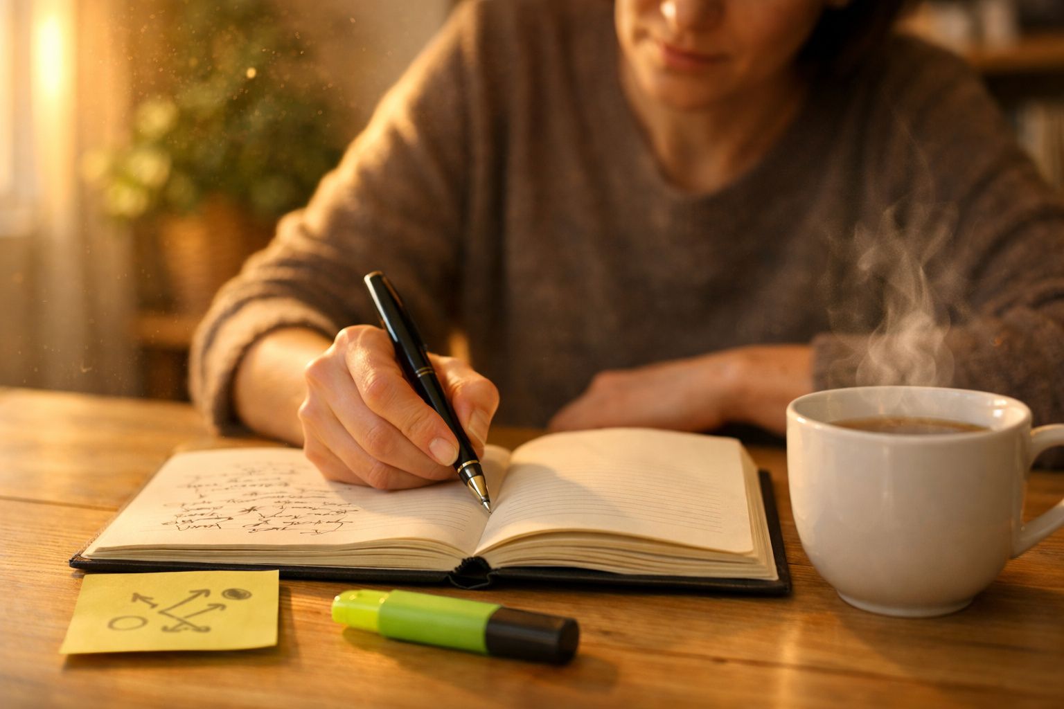 Pessoa a escrever num caderno com uma caneta, junto a uma caneca de café e um marcador sobre a mesa.
